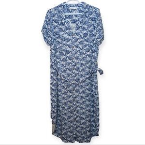 Sonoma Blue & White Button Front  Tie Waist Short Sleeve Dress Women Large